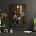 Framed oil painting portrait of a brown dog as a princess in a blue gown, displayed in a classic, ornate