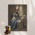 A framed print on a wall displaying an oil-style portrait of a brown puppy as a princess in a blue