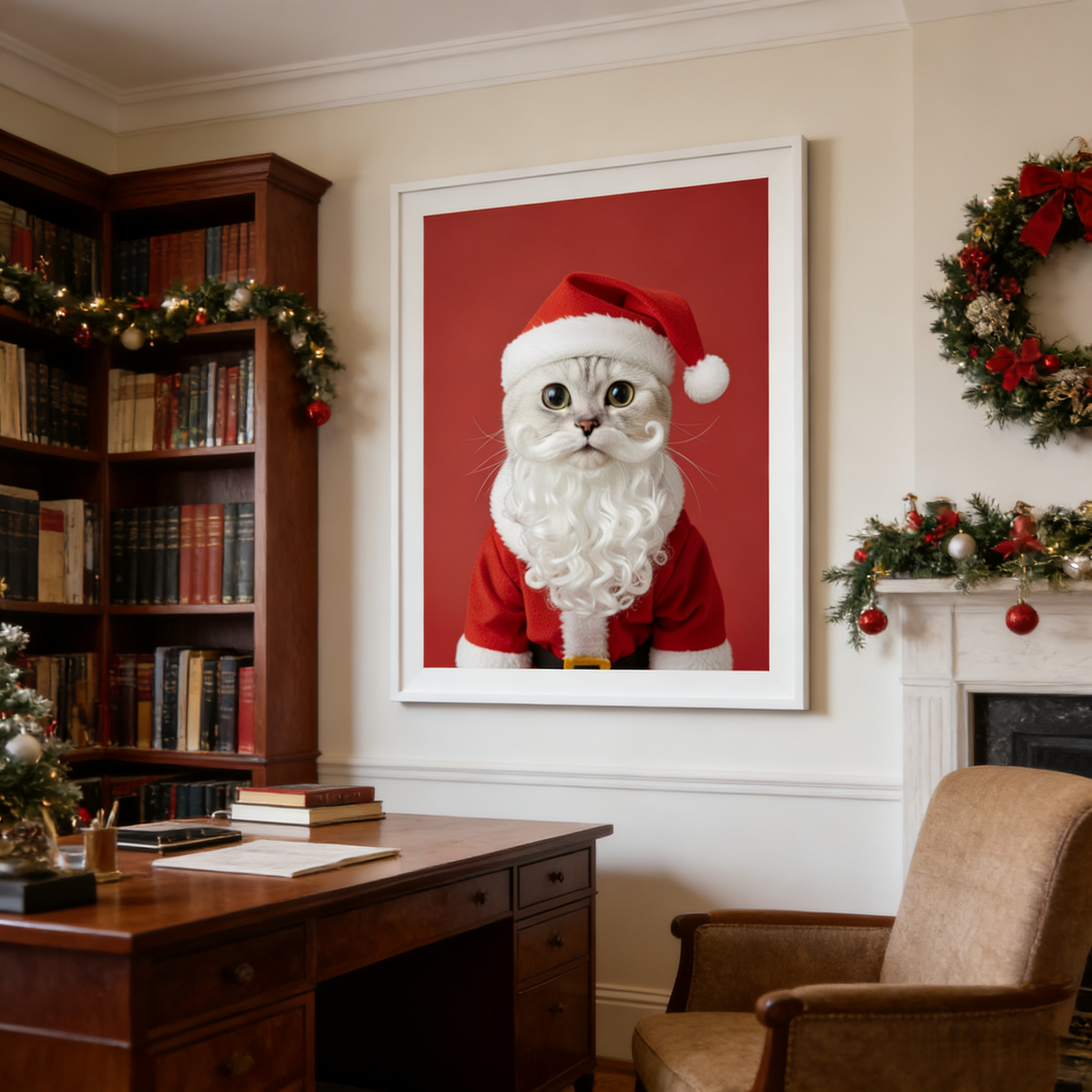 Framed print of a cat dressed as Santa with a white beard, displayed as digital art in a cozy, decorated