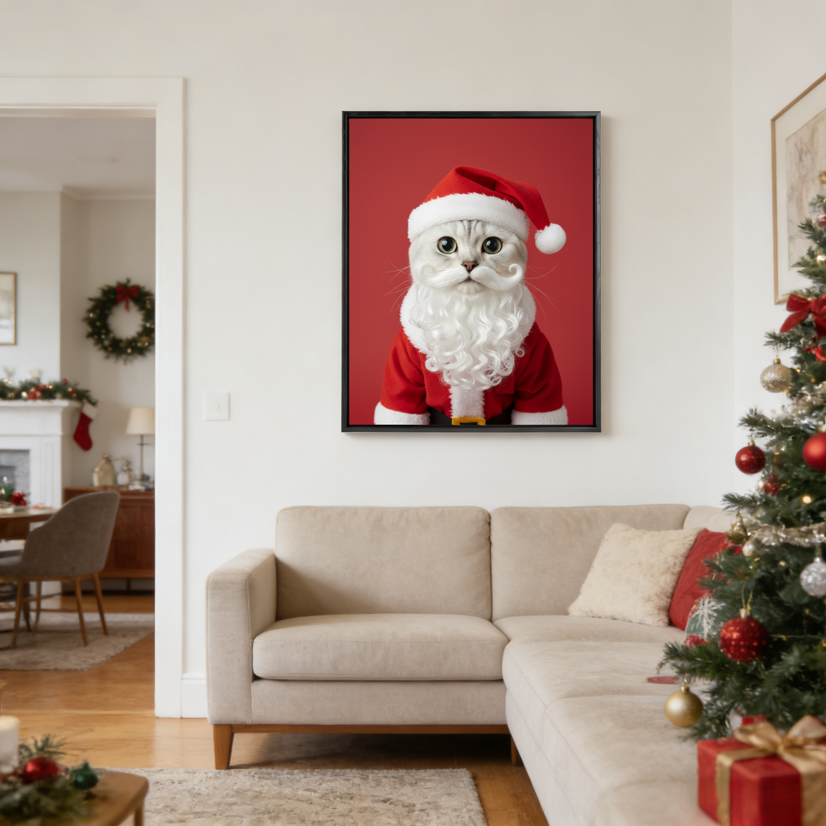 Framed wall art of a fluffy cat dressed as Santa Claus with a beard against a red background, displayed in