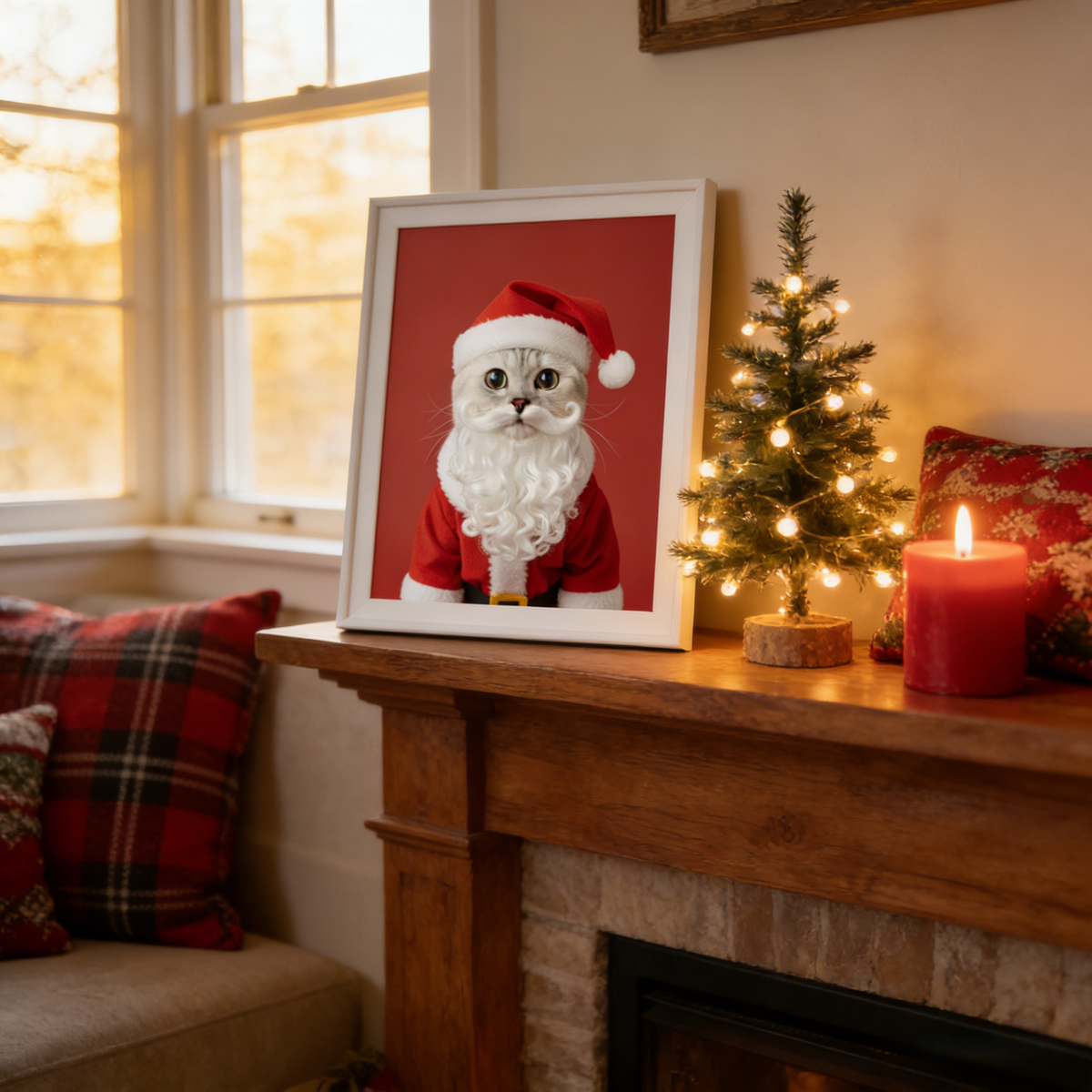 Framed print of a cat dressed as Santa in a photo-realistic style, displayed on a mantle in a cozy living