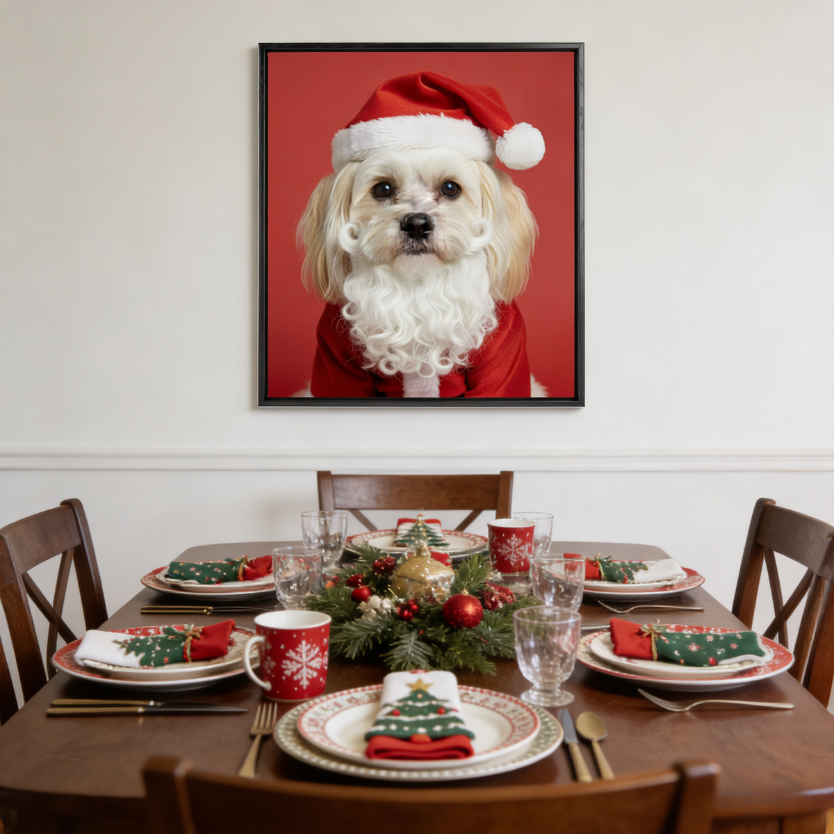 Framed print of a dog dressed as Santa Claus in a photographic style, hanging above a festive holiday dining table.
