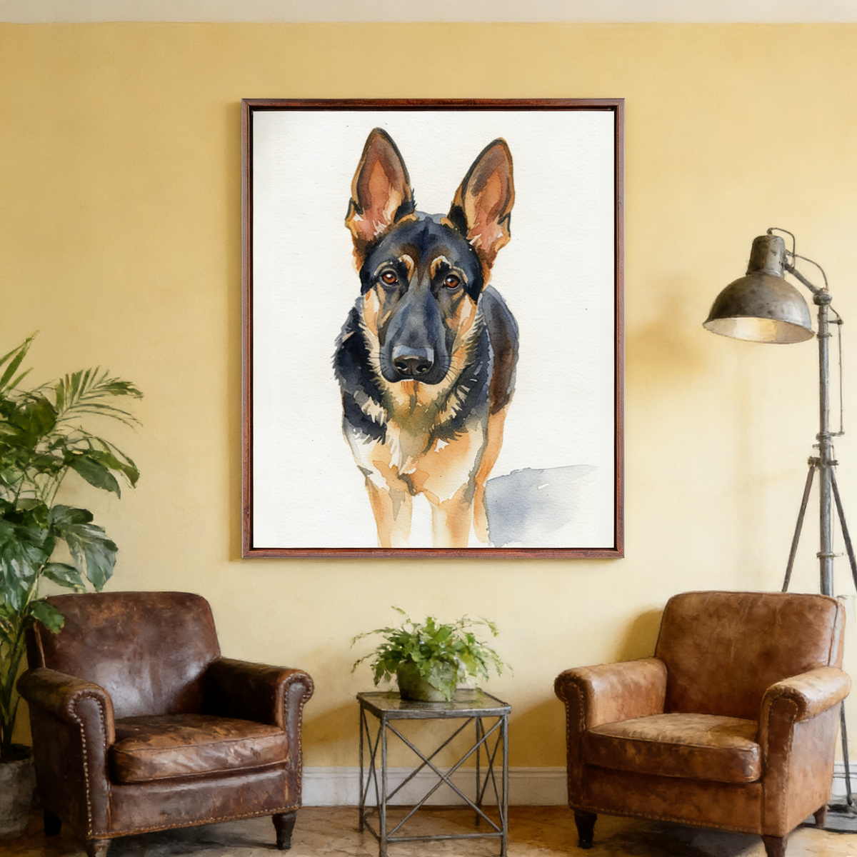 Framed watercolor portrait of a German Shepherd hanging on a yellow wall between two leather armchairs.