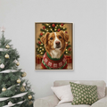 Framed print of a custom oil-style pet portrait featuring a dog in a festive sweater before a Christmas tree.