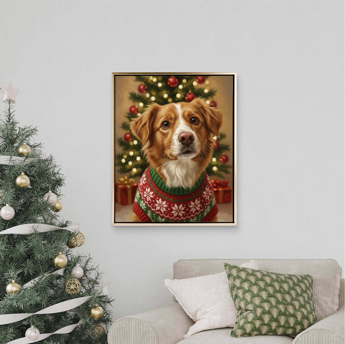 Framed print of a custom oil-style pet portrait featuring a dog in a festive sweater before a Christmas tree.