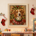 Framed oil-style portrait of a dog in a red and green Christmas sweater, posed before a lit tree, displayed in
