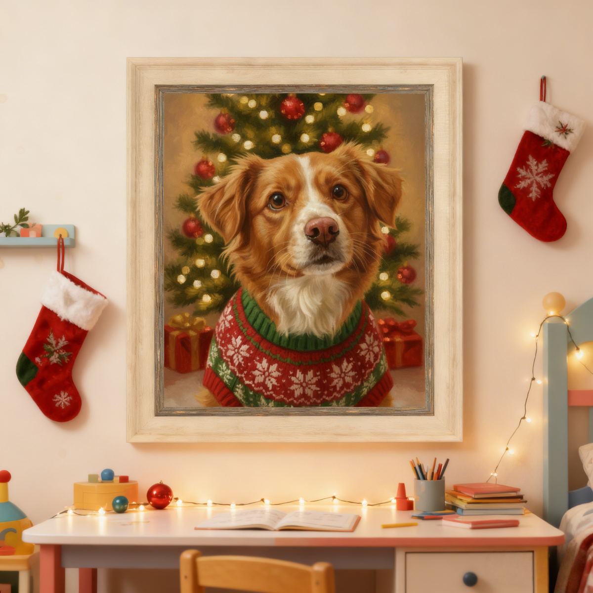 Framed oil-style portrait of a dog in a red and green Christmas sweater, posed before a lit tree, displayed in