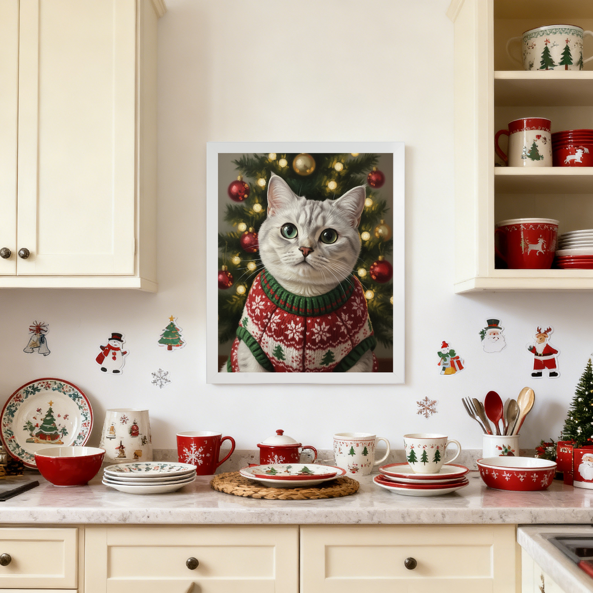 Framed print of a pet cat in a festive ugly sweater, featuring a digital art style in a cozy, decorated