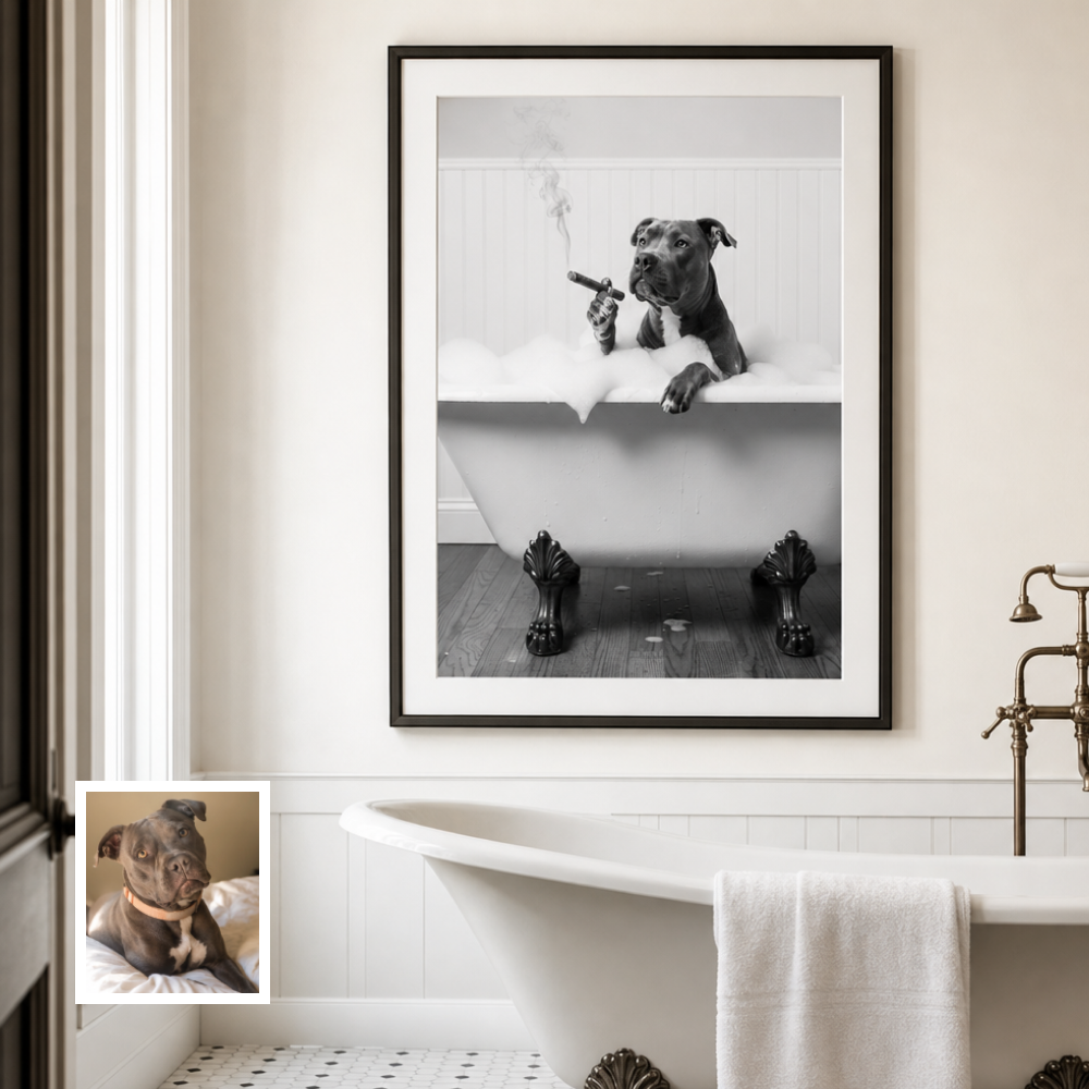 Artzuzu Custom Portrait For Pets - Boss Bathtime