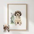 Framed watercolor portrait of a brown and white dog sitting next to a golf bag, titled "The Loyal Caddie."