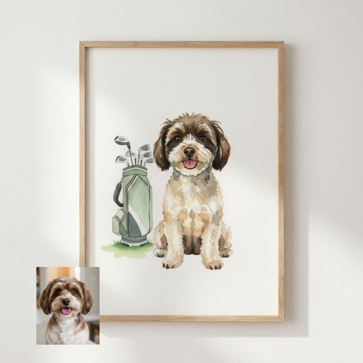 Framed watercolor portrait of a brown and white dog sitting next to a golf bag, titled "The Loyal Caddie."