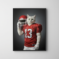 Framed print of a realistic AI-generated portrait featuring a white cat in a red football uniform holding a helmet.