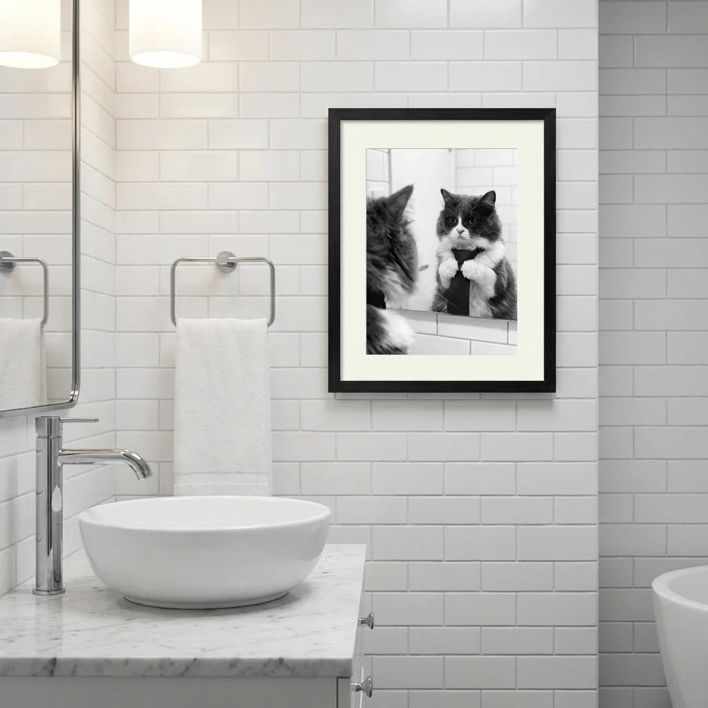 A framed, black-and-white print of a fluffy cat wearing a necktie and adjusting it while looking into a bathroom mirror.