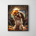 A framed print of an AI-style portrait featuring a joyful brown and white dog toasting with a beer mug in