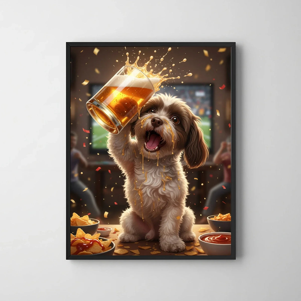 A framed print of an AI-style portrait featuring a joyful brown and white dog toasting with a beer mug in
