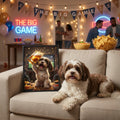 Framed portrait of a cute, brown and white dog toasting with a beer, set in a cozy home scene with