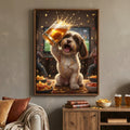 Framed art print of a cute brown and white dog joyfully cheering with a spilled beer in front of a