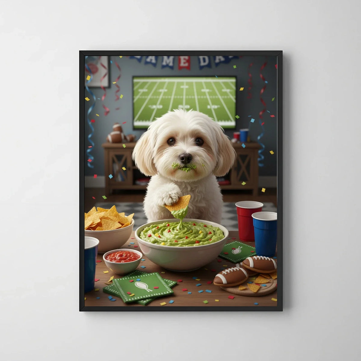 Framed print of a whimsical digital art portrait featuring a fluffy white dog eating guacamole in a festive game day
