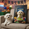 Framed print of a white dog eating guacamole, displayed in a living room, personalized for the Artzuzu Chips pet portrait.