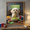 Framed print of a white dog eating guacamole, rendered in a realistic style, displayed in a game-day themed room.