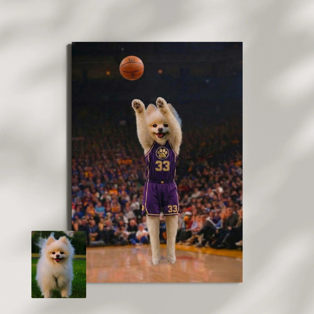 Framed print of a custom digital art portrait showing a fluffy white Pomeranian in a purple basketball jersey leaping to