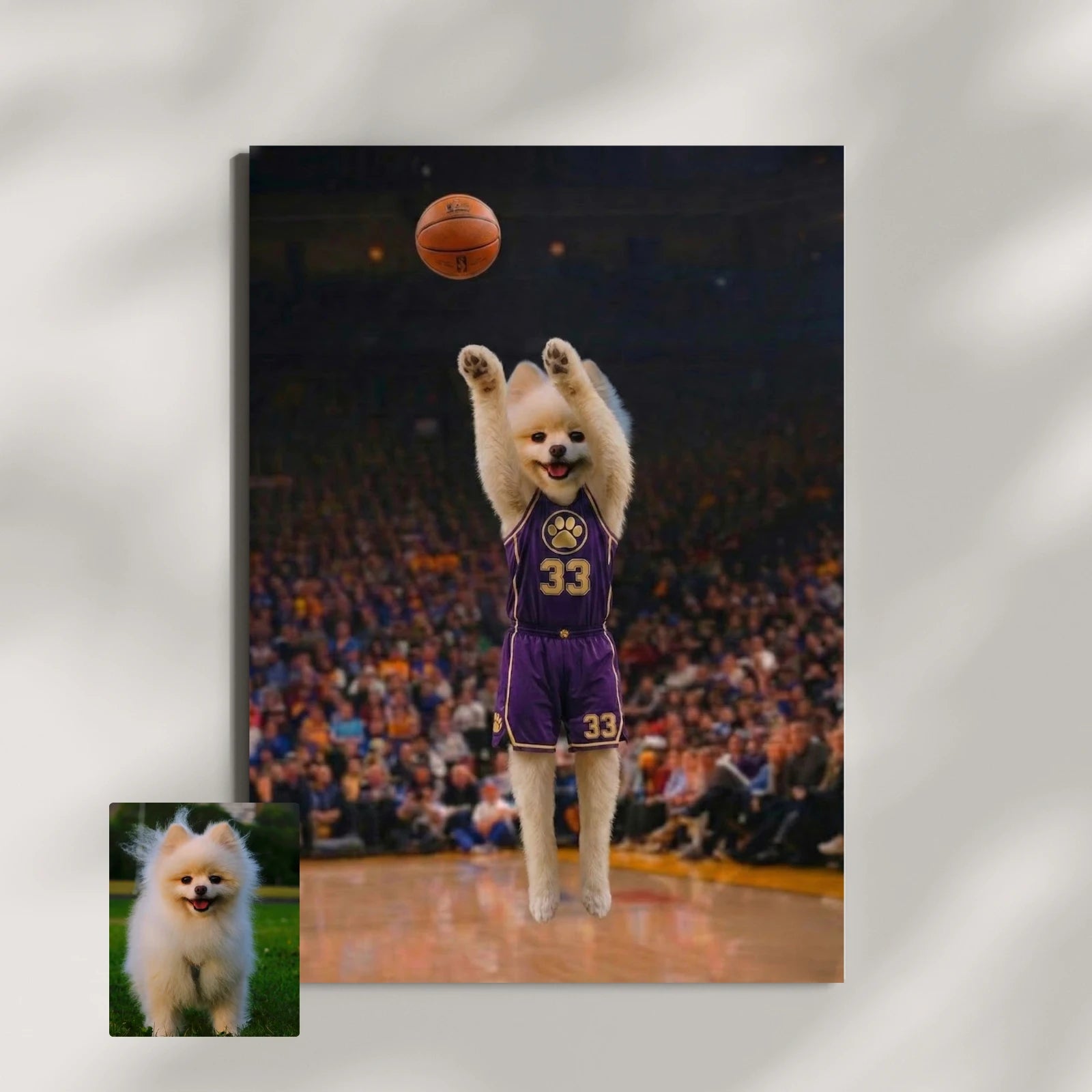 Framed print of a custom digital art portrait showing a fluffy white Pomeranian in a purple basketball jersey leaping to