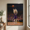 Framed print of a Pomeranian dog in a purple basketball jersey, performing a 3-point shot on a crowded professional court.