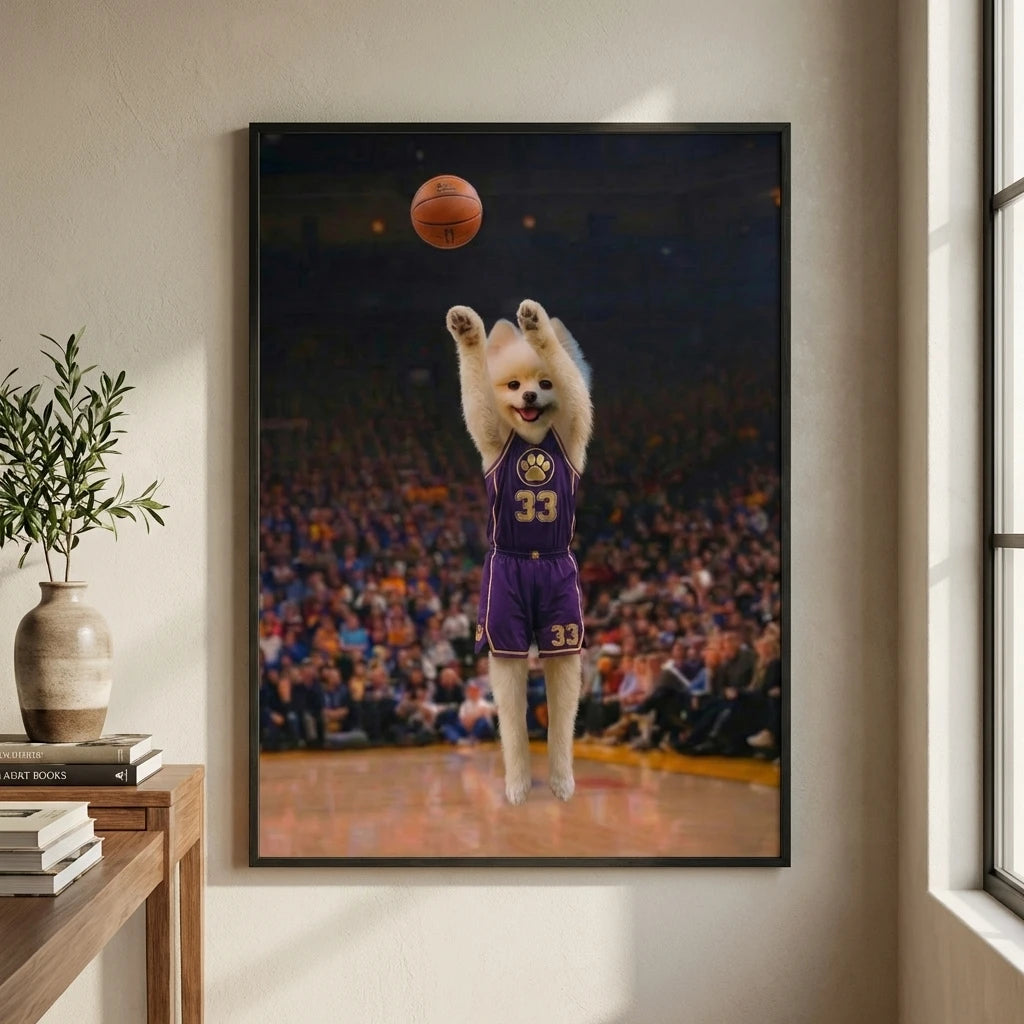 Framed print of a Pomeranian dog in a purple basketball jersey, performing a 3-point shot on a crowded professional court.