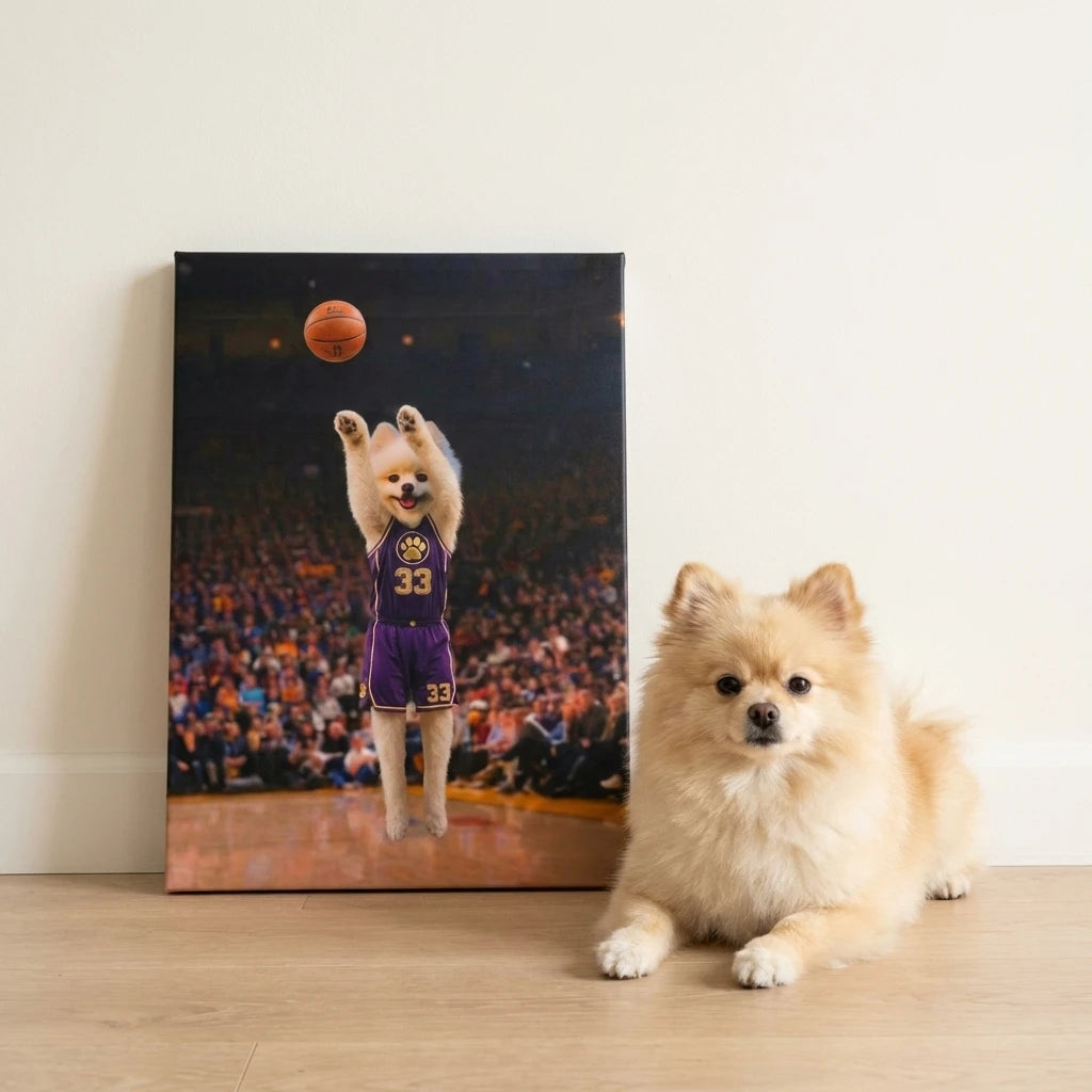 A framed print of a Pom dog in a purple basketball jersey, edited into a photo-realistic basketball arena action shot.