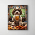 Framed print of a realistic digital portrait of a fluffy brown and white dog holding a beer, watching football.
