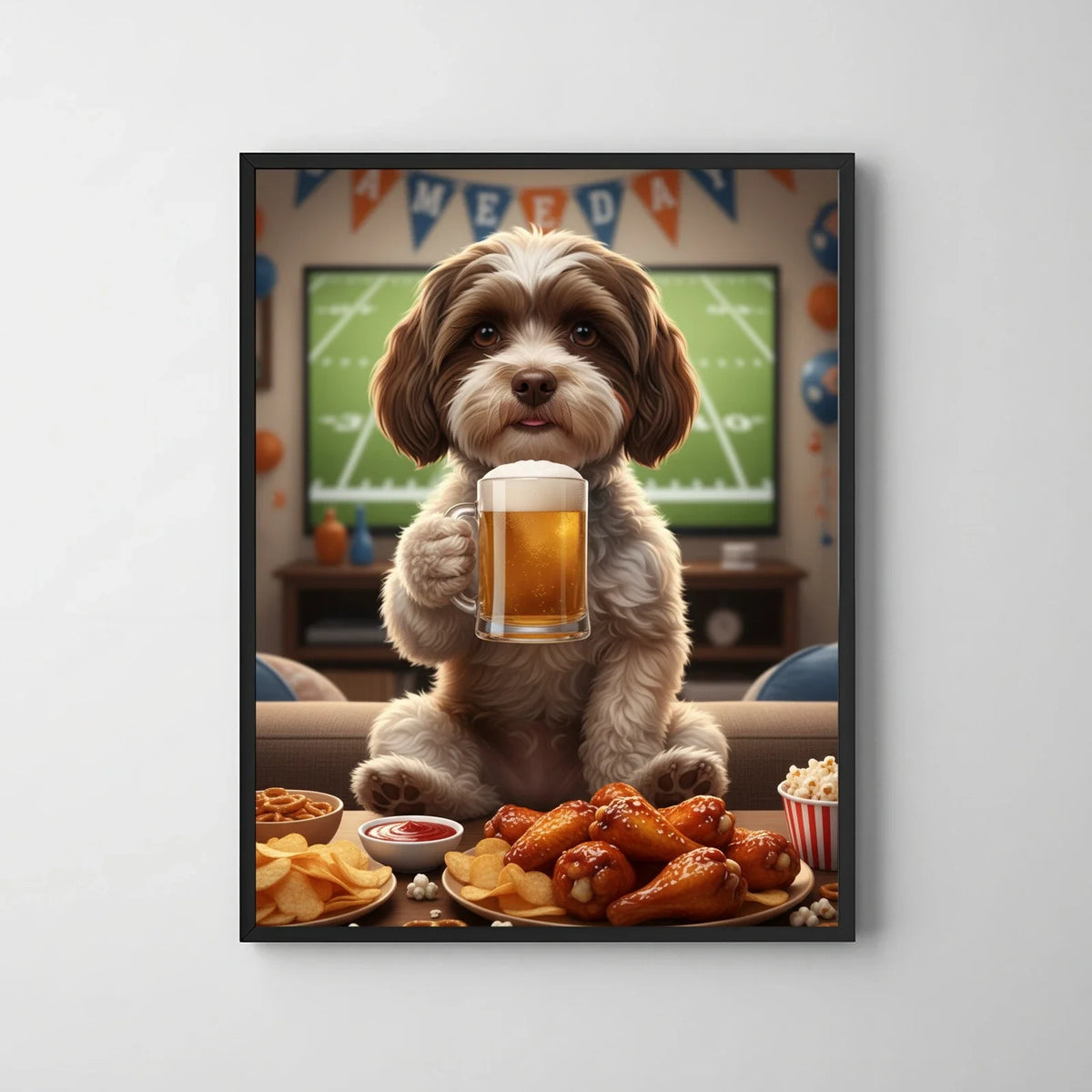 Framed print of a realistic digital portrait of a fluffy brown and white dog holding a beer, watching football.