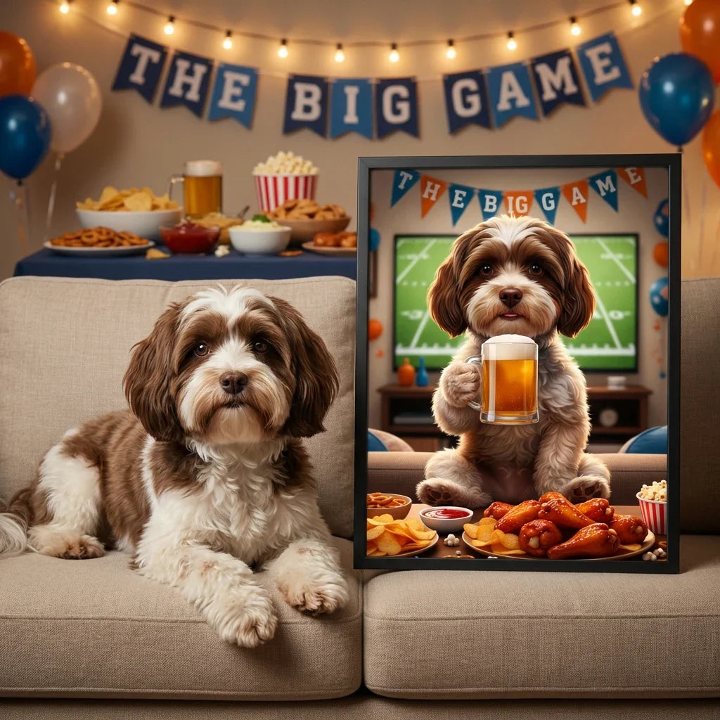 Framed print of a brown and white dog holding a beer in a football-themed living room, displayed on a matching