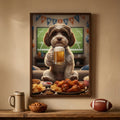 Framed wall art of a brown and white dog holding a beer, set in a cozy, realistic living room watching