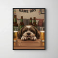 Framed print of a whimsical digital art portrait featuring a cute brown and white shih tzu sleeping at a beer-filled