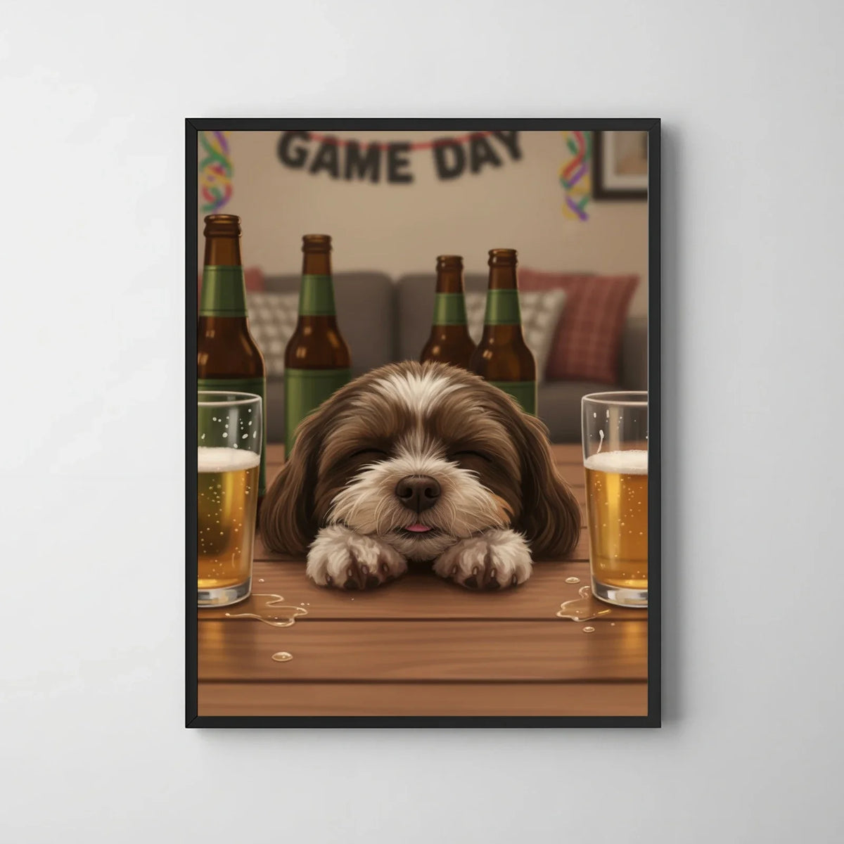 Framed print of a whimsical digital art portrait featuring a cute brown and white shih tzu sleeping at a beer-filled