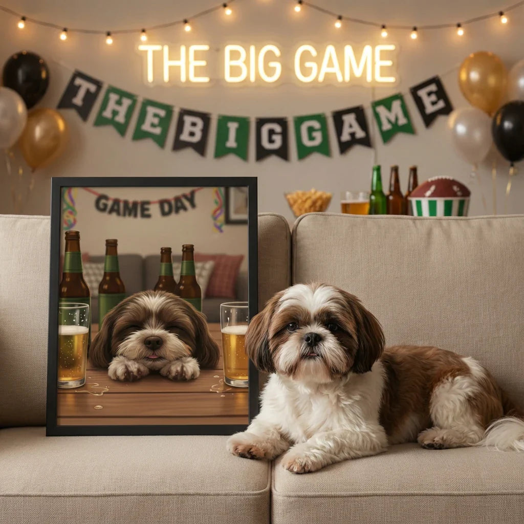 Framed print of a cartoon-style Shih Tzu resting on a bar next to beer, displayed in a living room with
