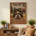 Framed print of a cartoon-style Shih Tzu resting on a bar table with beer, hanging in a cozy living room