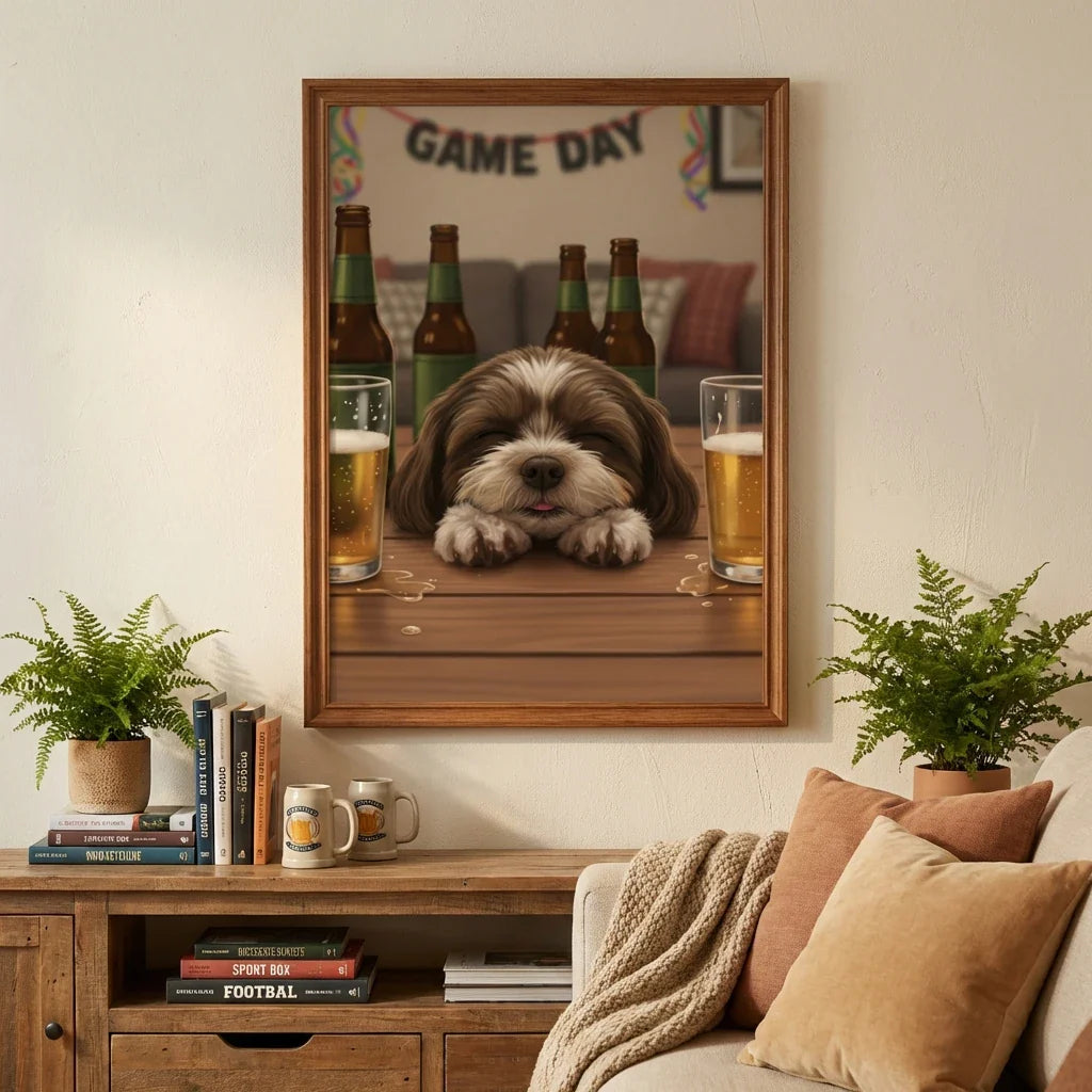 Framed print of a cartoon-style Shih Tzu resting on a bar table with beer, hanging in a cozy living room
