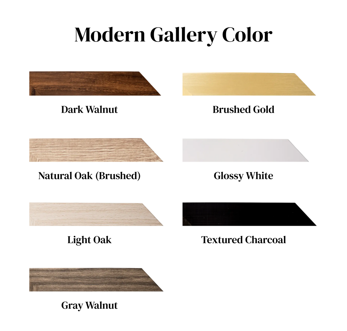 Based on the image provided, here is the ALT text: **Color palette swatches for frame finishes including Dark Walnut, Brushed