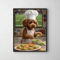 Framed print of a brown dog wearing a chef’s hat and football apron, preparing guacamole in a cozy kitchen art