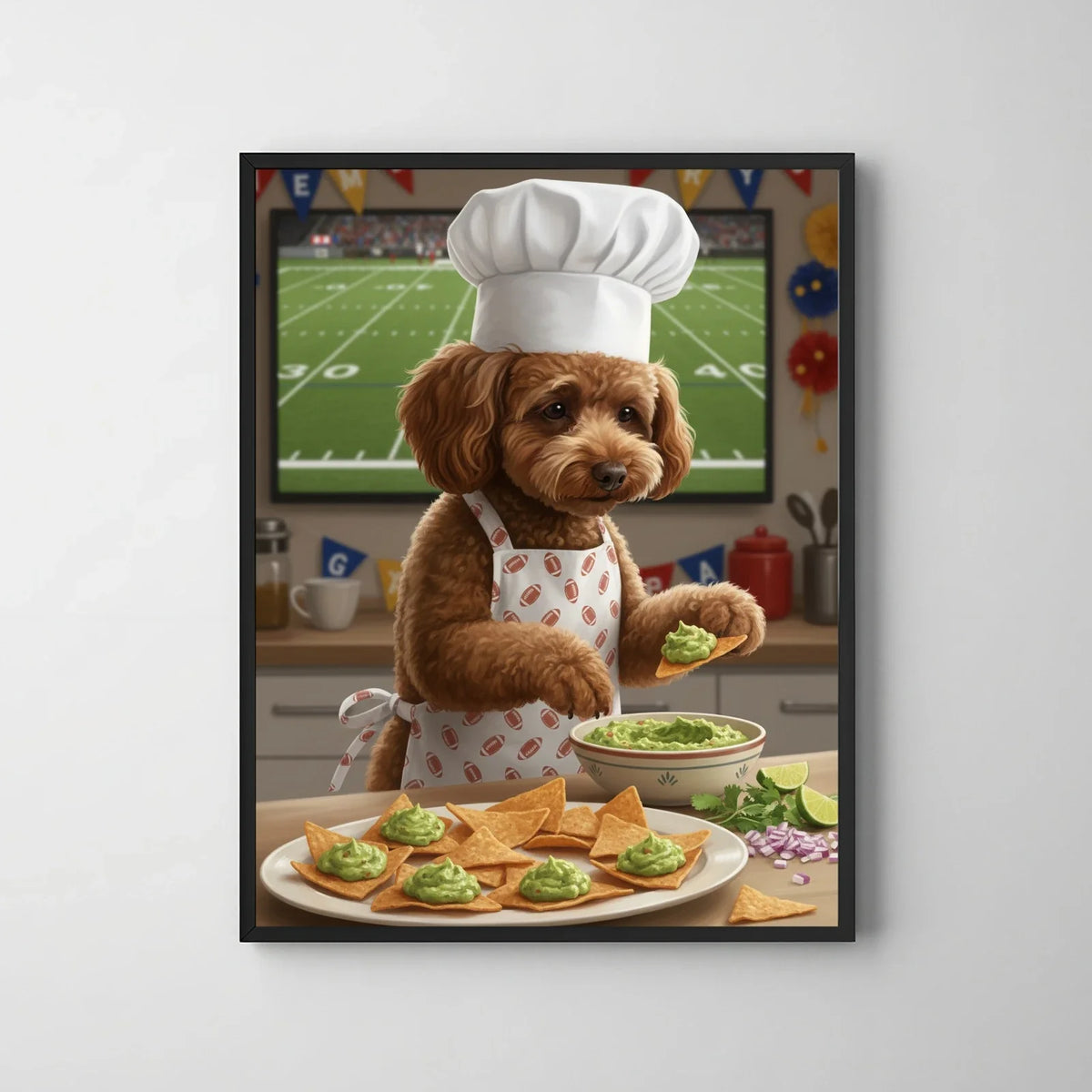 Framed print of a brown dog wearing a chef’s hat and football apron, preparing guacamole in a cozy kitchen art