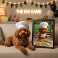 A framed portrait of a brown doodle dog in a chef hat and apron preparing guacamole, set against a football-themed