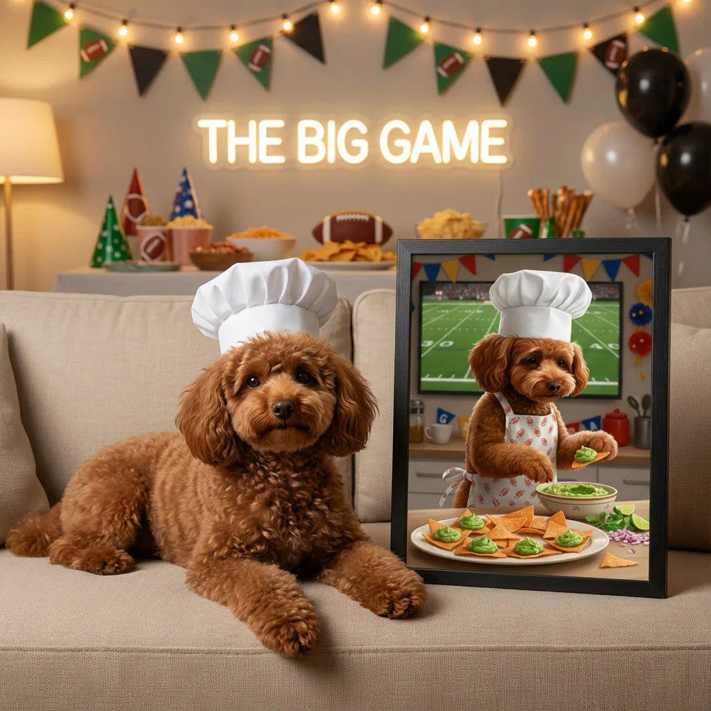 A framed portrait of a brown doodle dog in a chef hat and apron preparing guacamole, set against a football-themed
