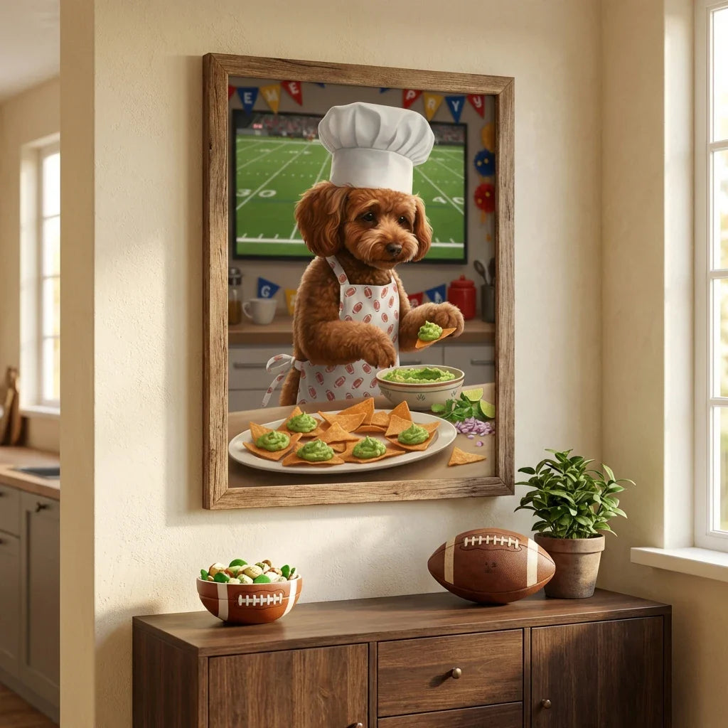 Framed wall art of a brown doodle dog as a chef wearing a hat and apron, preparing guacamole in a