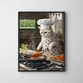 Framed print of a white cat chef wearing a football-patterned apron, cooking wings in a cozy, game-day themed kitchen.