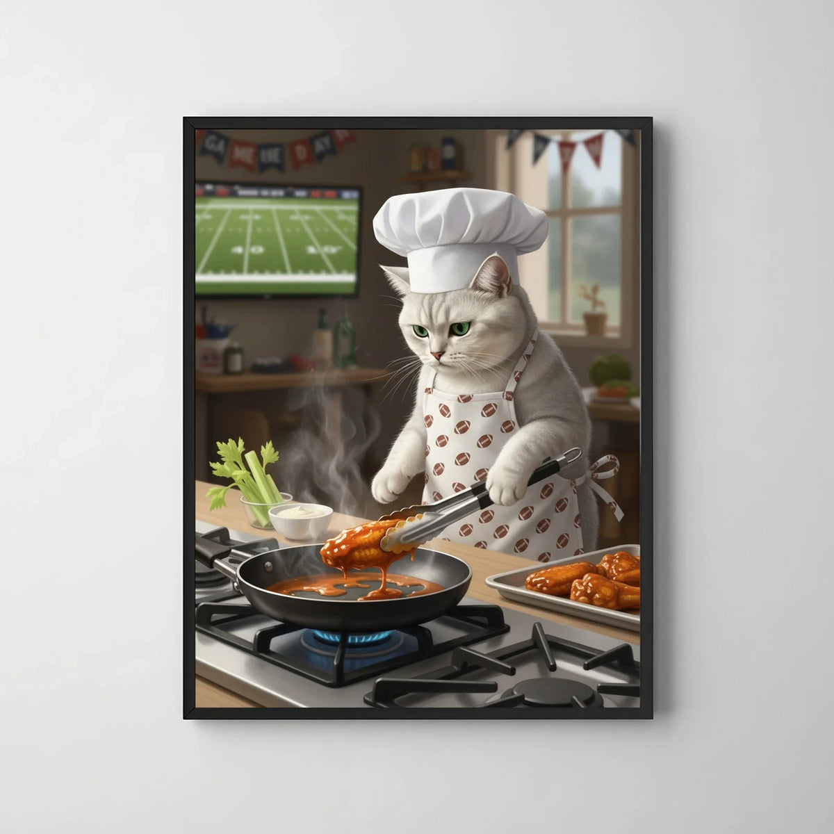 Framed print of a white cat chef wearing a football-patterned apron, cooking wings in a cozy, game-day themed kitchen.