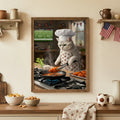 Framed print of a white cat dressed as a chef, cooking wings in a kitchen while a football game plays