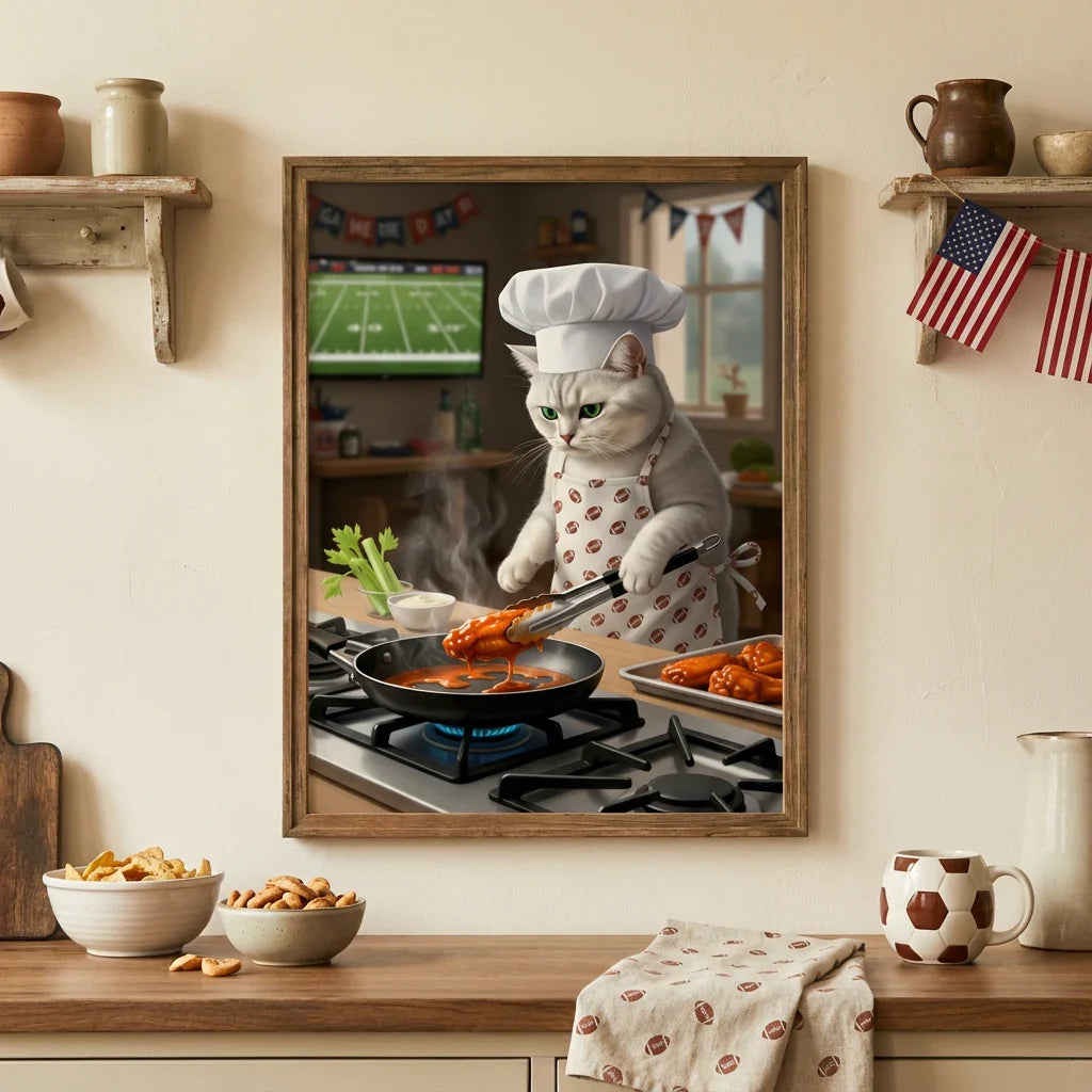 Framed print of a white cat dressed as a chef, cooking wings in a kitchen while a football game plays