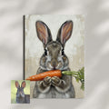 Oil painting portrait of a brown bunny holding a carrot, displayed as a textured canvas print on a neutral wall.