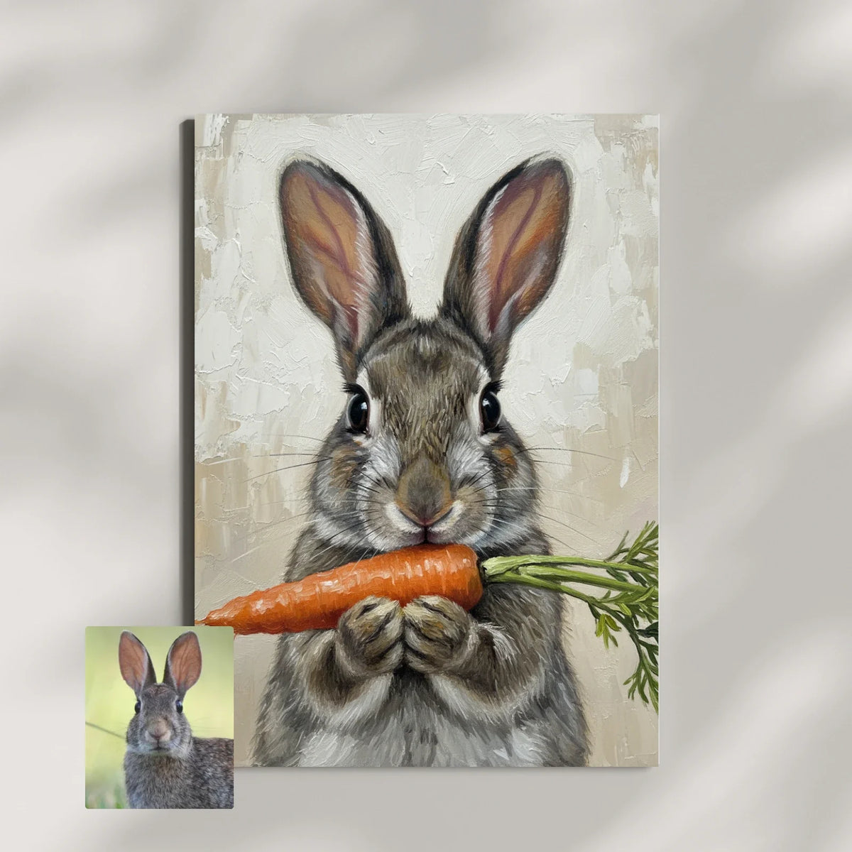 Oil painting portrait of a brown bunny holding a carrot, displayed as a textured canvas print on a neutral wall.
